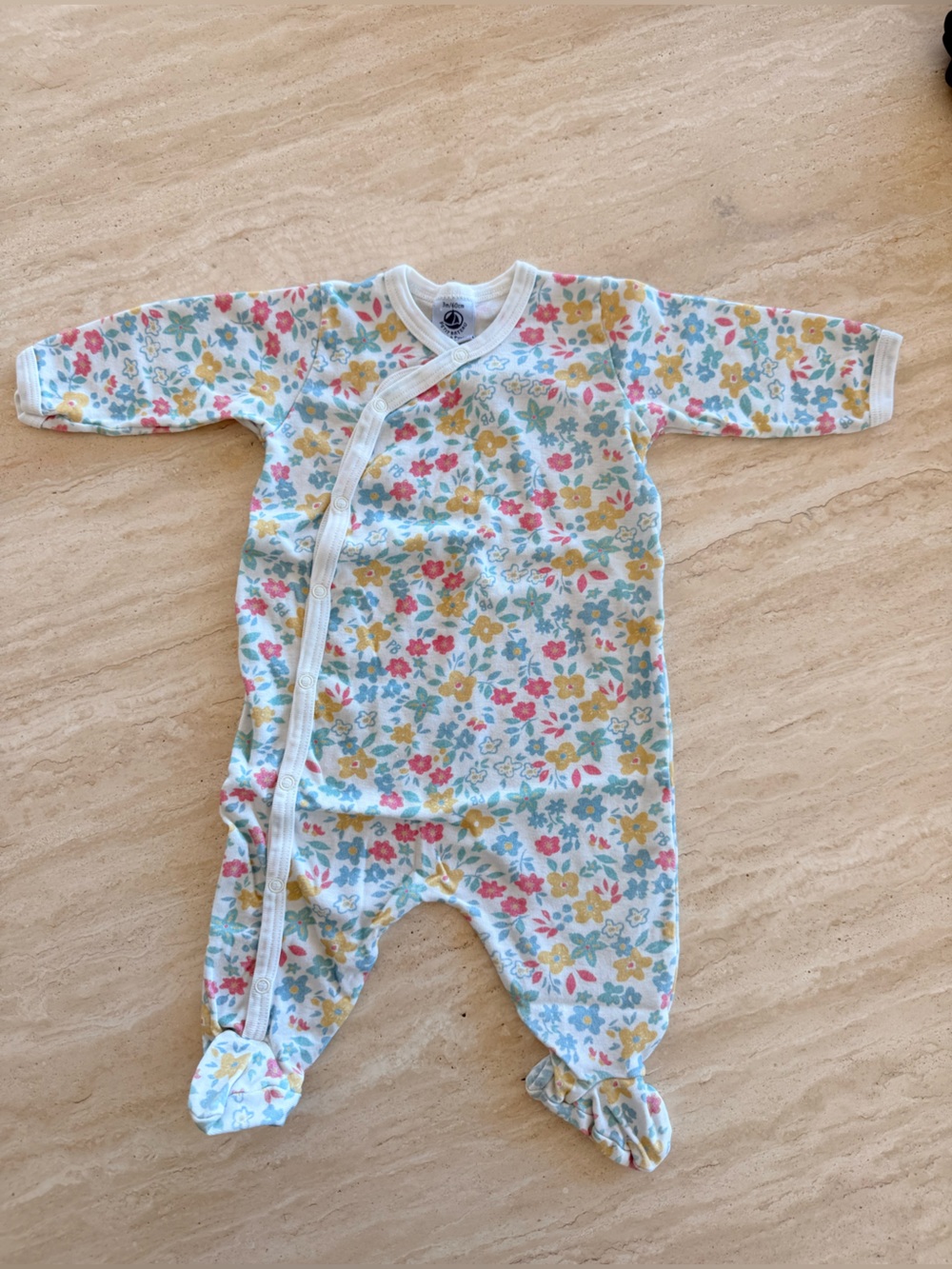 Petit Bateau Floral Footed Sleeper in White with Yellow, Blue & Pink Flowers